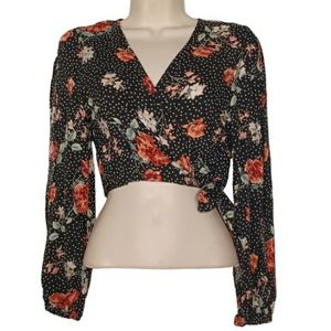 HYPE Black Floral & Polka Dot Print With Split Sleeves Tie Front Top Medium NWT